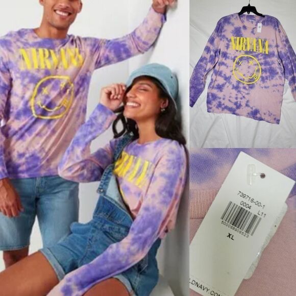 NEW XL UNISEX NIRVANA LONG SLEEVE PINK PURPLE TIE DYE TSHIRT MENS WOMENS NWT - Picture 1 of 9